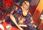  alcohol ball berabou blonde_hair breasts cleavage cup flower horn hoshiguma_yuugi japanese_clothes kimono lamppost large_breasts long_hair open_mouth red_eyes sakazuki sake sitting smile solo temari_ball touhou 