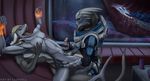  2017 alien anal anal_penetration anthro armor balls clothed clothing cum cum_inside digital_media_(artwork) erection fish garrus_vakarian hair hi_res internal linuell male male/male marine mass_effect nude open_mouth orgasm penetration penis sex shark simple_background smile space turian video_games 