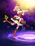  :d blonde_hair boots bow brown_hair freyja_wion from_side green_eyes hair_bow hair_ornament heart heart_hair_ornament high_heel_boots high_heels holding holding_microphone leg_up looking_at_viewer macross macross_delta microphone multicolored multicolored_clothes multicolored_hair multicolored_skirt one_eye_closed open_mouth outstretched_arm pink_legwear red_bow red_footwear skirt smile solo thighhighs two-tone_hair 