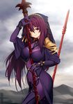  armor bangs between_breasts blush bodysuit breasts closed_mouth covered_navel covered_nipples cowboy_shot fate/grand_order fate_(series) from_side gae_bolg highres holding holding_weapon kazuma_muramasa large_breasts long_hair looking_at_viewer looking_to_the_side pauldrons purple_bodysuit purple_hair red_eyes scathach_(fate)_(all) scathach_(fate/grand_order) shoulder_armor smile solo veil weapon 