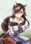  animal_ears blush breast_hold breasts brown_hair crossed_arms dress_shirt fangs imaizumi_kagerou large_breasts long_hair looking_at_viewer low_ponytail open_mouth red_eyes shawl shirt solo tail touhou wolf_ears wolf_tail yohane 