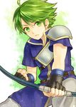  ahoge bow_(weapon) fingerless_gloves fire_emblem fire_emblem:_fuuin_no_tsurugi gloves green_eyes green_hair kiyuu male_focus solo teeth upper_body weapon wolt 