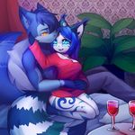  alcohol anthro beverage clothed clothing coff duo feline female fur hair hug inside kneeling male male/female mammal open_mouth sitting smile wine 