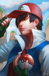  2016 artist_name baseball_cap black_hair cloud collarbone commentary day fingerless_gloves from_side gloves green_gloves hair_between_eyes hand_on_headwear hat male_focus norman_de_mesa number outdoors poke_ball poke_ball_(generic) pokemon realistic red_eyes red_shirt satoshi_(pokemon) shirt sky solo upper_body 