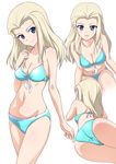  ass bangs bikini blue_bikini blue_eyes breasts clara_(girls_und_panzer) cleavage front-tie_bikini front-tie_top gin'you_haru girls_und_panzer hand_on_own_chest head_tilt highres light_brown_hair long_hair lying medium_breasts navel parted_bangs simple_background smile swimsuit white_background 