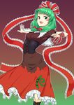  boots breasts corset cross-laced_footwear dress front_ponytail gradient gradient_background green_eyes green_hair hair_ribbon highres kagiyama_hina kakone knee_boots open_mouth outstretched_arms puffy_short_sleeves puffy_sleeves red_dress ribbon short_sleeves small_breasts solo spinning touhou 