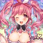  ;d aoi_wakashi_futaba breasts character_name character_signature cleavage large_breasts macross macross_delta makina_nakajima one_eye_closed open_mouth pink_eyes pink_hair pose signature smile twintails 
