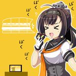  &gt;_&lt; 1girl ahoge akizuki_(kantai_collection) black_hair breasts closed_eyes commentary_request controller food game_controller gloves hachimaki hamburger headband headgear holding joy-con kantai_collection long_hair medium_breasts nintendo_switch parody ponytail school_uniform serafuku simple_background solo sweat tk8d32 translation_request white_gloves yellow_background 