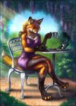  2017 avian bird brown_fur canine chair clothing cup digital_media_(artwork) dress female fox fur invalid_tag magpie mammal paws red-izak sitting solo table 