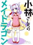  2017 blue_eyes china_dress chinese_clothes copyright_name dated dragon_girl dragon_horns dragon_tail dress eating food full_body hairband head_tilt highres holding horns kanna_kamui kobayashi-san_chi_no_maidragon lavender_hair long_hair looking_at_viewer low_twintails mie_haha signature slit_pupils solo tail thighhighs twintails white_legwear zettai_ryouiki 