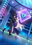  1girl black_hair blonde_hair bug butterfly command_spell couple dancing dress fate/grand_order fate_(series) formal fujimaru_ritsuka_(male) full_body hetero high_heels insect jeanne_d'arc_(alter)_(fate) jeanne_d'arc_(fate)_(all) long_hair looking_at_another navel night shirotsumekusa short_hair smile suit yellow_eyes 