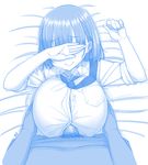  1girl ai-chan_(tawawa) bed_sheet blue blush braid breast_hold breasts breath button_gap covering_eyes ekz_(drawfag) embarrassed getsuyoubi_no_tawawa hetero highres himura_kiseki_(style) large_breasts lying male_pubic_hair monochrome necktie official_style on_back paizuri paizuri_under_clothes penis pov pubic_hair short_hair sleeves_rolled_up smile twin_braids wavy_mouth 
