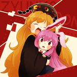  ^_^ animal_ears bad_id bad_pixiv_id black_dress blazer blonde_hair blush_stickers bunny_ears character_name closed_eyes commentary dress ear_grab happy highres hug hug_from_behind jacket junko_(touhou) long_hair multiple_girls necktie pikamin104 pink_skirt purple_eyes purple_hair red_neckwear reisen_udongein_inaba shirt signature skirt smile touhou very_long_hair watermark 