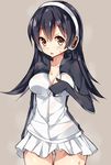  black_hair blush breasts brown_eyes cleavage commentary_request eyebrows_visible_through_hair gentoo_penguin_(kemono_friends) grey_background hair_between_eyes headphones jacket kemono_friends long_hair long_sleeves looking_at_viewer medium_breasts multicolored_hair open_mouth red_eyes simple_background skirt solo sweat tareme thigh_gap unacchi_(nyusankin) 