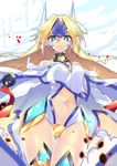  ass_visible_through_thighs bangs bare_shoulders blazblue blonde_hair blue_eyes breasts character_name closed_mouth commentary_request cowboy_shot crotch_plate detached_sleeves floating_hair from_below headgear koikawa_minoru leotard long_hair long_sleeves looking_at_viewer looking_down medium_breasts mu-12 navel outstretched_arms parted_bangs solo spread_arms stomach thighhighs turtleneck 