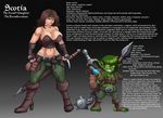  big_breasts breasts cleavage clothed clothing english_text female goblin human humanoid male mammal markydaysaid melee_weapon polearm spear sword text weapon 
