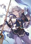  braid from_below granblue_fantasy grey_eyes grey_pants hair_between_eyes hand_in_hair highres holding holding_spear holding_weapon long_hair male_focus minaba_hideo noa_(granblue_fantasy) pants polearm silver_hair solo spear tunic weapon 