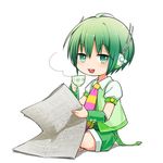  buck_teeth cup green_eyes green_hair headphones indian_style looking_at_viewer lowres male_focus mizuhoshi_taichi mug necktie newspaper puffy_short_sleeves puffy_sleeves ryuuto_(vocaloid) short_sleeves shorts simple_background sitting smile smug solo striped striped_neckwear vocaloid white_background 