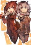  2girls :o absurdres bird_tail brown_coat brown_eyes brown_hair closed_mouth coat commentary_request curry curry_rice eurasian_eagle_owl_(kemono_friends) folded food full_body fur-trimmed_sleeves fur_collar fur_trim grey_coat grey_hair hair_between_eyes hands_up highres holding holding_plate holding_spoon kaamin_(mariarose753) kemono_friends leotard long_sleeves looking_at_viewer medium_hair midair multicolored_hair multiple_girls northern_white-faced_owl_(kemono_friends) open_mouth outdoors pants plate rice side-tie_leotard smile spoon two-tone_hair yellow_eyes 
