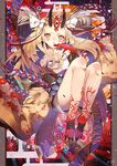  blonde_hair daikoku_osamu facepaint fate/grand_order fate_(series) highres horns ibaraki_douji_(fate/grand_order) japanese_clothes kimono long_hair long_sleeves looking_at_viewer oni oni_horns open_mouth solo tattoo yellow_eyes yellow_kimono 