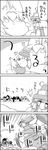  1girl 4koma animal_ears bow bucket butterfly_net chasing cirno comic commentary_request embarrassed fleeing futatsuiwa_mamizou greyscale hair_bobbles hair_bow hair_ornament hand_net hat hat_bow highres holding ice ice_wings kemono_friends kirisame_marisa kisume leaf leaf_on_head long_hair long_sleeves monochrome moriya_suwako no_hat no_headwear pyonta raccoon_tail scarf serval_(kemono_friends) serval_ears short_hair smile tail tani_takeshi touhou translation_request twintails wide_sleeves wings witch_hat yukkuri_shiteitte_ne 
