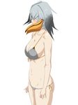  bikini bird_wings blush breasts cleavage collarbone front-tie_top gradient_hair green_eyes grey_bikini grey_bikini_top head_wings highres kemono_friends large_breasts multicolored_hair navel shoebill_(kemono_friends) short_hair side-tie_bikini skindentation solo swimsuit tsubooi white_background wings 