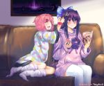  2girls :d artist_name bandage bandaged_arm bandages blue_bow book bow casual commentary couch cupcake doki_doki_literature_club english_commentary fang food food_print hair_bow hair_ornament hairclip holding holding_book holding_food indoors long_hair long_sleeves loose_socks multiple_girls natsuki_(doki_doki_literature_club) open_mouth painting_(object) pink_eyes pink_hair purple_eyes purple_hair reading short_hair sitting smile takuyarawr thighhighs two_side_up very_long_hair white_legwear wide_sleeves yuri_(doki_doki_literature_club) 