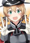  aqua_eyes artist_name blonde_hair commentary_request dated gloves hands_up hat highres kamelie kantai_collection long_hair long_sleeves military military_uniform open_mouth peaked_cap prinz_eugen_(kantai_collection) solo sweat twintails uniform white_gloves 