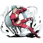  alpha_transparency ban_(nanatsu_no_taizai) blue_hair collarbone divine_gate full_body groin holding holding_weapon looking_at_viewer male_focus midriff nanatsu_no_taizai navel nunchaku official_art pants red_eyes red_pants shadow shiny shiny_skin solo spiked_hair transparent_background ucmm weapon 