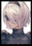  black_blindfold black_dress black_hairband blindfold closed_mouth dress face facing_away hairband juliet_sleeves kokutan_kitsunen long_sleeves mole mole_under_mouth nier_(series) nier_automata pink_lips puffy_sleeves short_hair silver_hair simple_background solo turtleneck white_background yorha_no._2_type_b 