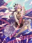  barefoot beamed_eighth_notes beamed_sixteenth_notes berabou biwa_lute dress eighth_note eighth_rest flower full_body hair_flower hair_ornament highres instrument long_hair long_sleeves looking_at_viewer lute_(instrument) music musical_note playing_instrument purple_eyes purple_hair quarter_note quarter_rest sharp_sign sixteenth_note solo staff_(music) touhou treble_clef tsukumo_benben very_long_hair white_dress 