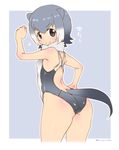  animal_ears ass black_eyes breasts grey_hair hand_on_hip highres kemono_friends looking_at_viewer looking_back mudou_eichi multicolored_hair otter_ears otter_tail short_hair simple_background small-clawed_otter_(kemono_friends) small_breasts smile solo standing swimsuit tail two-tone_hair 