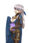  10s 1girl 2017 bangs bodysuit book breasts cape cleavage eyebrows_visible_through_hair fire_emblem fire_emblem:_akatsuki_no_megami hair_ribbon holding_book holding_cape long_hair medium_breasts micaiah nintendo open_mouth pelvic_curtain shiny shiny_hair shiny_skin sidelocks silver_hair simple_background standing thigh_strap thighs white_background yellow_eyes 