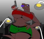  angry anthro big_breasts big_lips breasts city claws clothing dinosaur edit erect_nipples female glare gun hi_res holding_object holding_weapon huge_breasts lips night nipple_bulge nipples ranged_weapon reptile robinebra scalie shorts solo theropod thick_thighs tyrannosaurus_rex weapon wide_hips zp92 