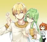  2boys ahoge androgynous blonde_hair blush_stickers cup earrings enkidu_(fate/strange_fake) eyebrows_visible_through_hair fate/grand_order fate/stay_night fate/strange_fake fate_(series) finger_to_mouth fujimaru_ritsuka_(female) gilgamesh goblet green_hair holding holding_cup jewelry long_hair long_sleeves miniskirt multiple_boys nishimi_shin orange_hair pantyhose red_eyes scrunchie short_hair side_ponytail skirt smile two-tone_background yellow_eyes 