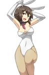  alternate_costume animal_ears aono3 arms_up ascot bangs breasts brown_eyes brown_hair bunny_ears bunnysuit cowboy_shot detached_collar elbow_gloves fake_animal_ears fishnet_pantyhose fishnets girls_und_panzer gloves highres leg_up leotard looking_at_viewer medium_breasts nishizumi_maho open_mouth pantyhose short_hair simple_background smile solo standing standing_on_one_leg strapless strapless_leotard white_background white_gloves white_leotard 
