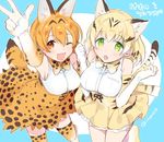  2girls :o ;d alternate_eye_color animal_ears aqua_background arm_up armpits blonde_hair blush bow bowtie breast_pocket breasts cat_ears cat_girl cat_tail check_commentary clenched_hands commentary_request copyright_name cross-laced_clothes elbow_gloves eyebrows_visible_through_hair eyelashes fangs frilled_skirt frills from_above gloves gradient_hair green_eyes hands_up itonoko jpeg_artifacts kemono_friends kneehighs large_breasts leg_lift looking_at_viewer looking_up multicolored multicolored_background multicolored_hair multiple_girls one_eye_closed open_mouth orange_eyes orange_hair outline pocket sand_cat_(kemono_friends) sanpaku serval_(kemono_friends) serval_ears serval_print serval_tail shirt short_hair skirt sleeveless sleeveless_shirt smile socks streaked_hair striped_tail tail tareme teeth thighhighs twitter_username two-tone_background v white_background white_hair white_shirt zettai_ryouiki 