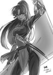  arm_up bad_id bad_pixiv_id bodysuit boomerang cowboy_shot english greyscale high_ponytail hiraikotsu inuyasha katana long_hair monochrome ponytail sango solo sword tougetsu_sou very_long_hair weapon 