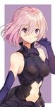  bare_shoulders border breasts cowboy_shot elbow_gloves fate/grand_order fate_(series) gloves hair_between_eyes mash_kyrielight medium_breasts navel navel_cutout outside_border purple_background purple_eyes purple_hair shovelwell smile solo white_border 