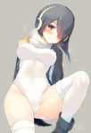  2017 3: artist_name black_footwear black_hair blush boots breasts cameltoe covered_nipples dated emperor_penguin_(kemono_friends) hair_over_one_eye headphones highleg highleg_leotard hood hoodie kemono_friends large_breasts leotard looking_at_viewer multicolored_hair shiratama_(shiratamaco) signature simple_background solo tail thighhighs white_legwear white_leotard yellow_eyes 