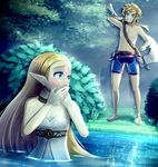  1boy 1girl abs arm bare_arms bare_legs bare_shoulders barefoot bathing blonde_hair blue_eyes blue_shorts blush bush clenched_teeth clothed_bath collarbone covering covering_mouth dress feet forest grin jewelry legs link looking_at_another looking_back neck necklace nintendo outdoors outside partially_submerged plant pond princess_zelda reflection shocked shorts smile smirk standing strapless strapless_dress teeth the_legend_of_zelda the_legend_of_zelda:_breath_of_the_wild topless tree water wet wet_dress wet_hair white_dress 