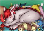  2017 3_toes asbel_lhant bed blush charmeleon chespin drowzee eyes_closed fur furret hair horn invalid_tag litleo nap navos nintendo pillow plushie pok&eacute;mon shinx simple_background sleeping smile toes typhlosion video_games 