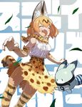  ^_^ animal_ears bare_shoulders belt blush bow bowtie closed_eyes cross-laced_clothes elbow_gloves eyebrows_visible_through_hair fang frilled_shirt frills gloves happy jumping kemono_friends leaf looking_down lucky_beast_(kemono_friends) open_mouth seimannu serval_(kemono_friends) serval_ears serval_print serval_tail shirt skirt sleeveless sleeveless_shirt smile striped_tail tail thigh_gap thighhighs white_shirt wind zettai_ryouiki |d 