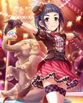  animal artist_request bangs black_eyes blue_hair blunt_bangs bow bowtie card_(medium) circus elephant frills gloves hat idolmaster idolmaster_cinderella_girls lights looking_at_viewer mini_hat official_art okazaki_yasuha outstretched_arms puffy_short_sleeves puffy_sleeves short_hair short_sleeves skirt smile solo spread_arms 
