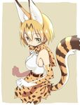  :&gt; animal_ears armpit_peek bare_shoulders beige_background border bow bowtie breasts clenched_hands commentary_request elbow_gloves extra_ears eyebrows eyebrows_visible_through_hair eyelashes from_side gloves hair_between_eyes jpeg_artifacts kemono_friends large_breasts light_brown_eyes looking_at_viewer orange_hair outside_border sanpaku serval_(kemono_friends) serval_ears serval_print serval_tail shiny shiny_hair shirt short_hair sideboob simple_background sketch skirt sleeveless sleeveless_shirt smile solo striped_tail tail upper_body white_border white_shirt yoshida_on 