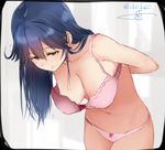  bare_arms bare_shoulders blue_hair blush bow bow_bra bow_panties bra breasts brown_eyes cleavage collarbone cowboy_shot hair_between_eyes hanging_breasts isshiki_(ffmania7) kantai_collection large_breasts long_hair looking_down navel panties pink_bow pink_bra red_bow solo standing stomach twitter_username underwear underwear_only undressing ushio_(kantai_collection) 