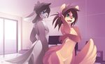  anthro bed black_hair blue_eyes breasts brown_hair cat covering detailed feline female green_eyes hair hi_res hotel_room invalid_background lagomorph male mammal nude rabbit rudragon 