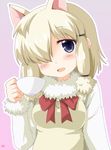  :d alpaca_ears alpaca_suri_(kemono_friends) animal_ears bangs beige_vest blonde_hair blue_eyes blush breasts cup dot_nose eyebrows eyebrows_visible_through_hair eyelashes fur-trimmed_sleeves fur_collar fur_trim gradient gradient_background hair_over_one_eye hair_ribbon hand_up head_tilt holding holding_cup jpeg_artifacts kemono_friends kinagi_yuu lavender_background long_sleeves looking_at_viewer medium_breasts multicolored multicolored_background neck_ribbon open_mouth outline pink_background red_ribbon ribbon sanpaku shirt short_hair signature simple_background sleeveless smile solo swept_bangs tareme teacup tress_ribbon two-tone_background upper_body vest white_outline white_shirt 