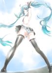  absurdres aqua_eyes aqua_hair arms_up ass backless_outfit hatsune_miku highres kowiru long_hair necktie no_bra panties solo striped striped_panties thighhighs twintails underwear very_long_hair vocaloid 