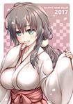  2017 bangs big_wednesday breasts collarbone commentary_request eyebrows_visible_through_hair green_eyes grey_hair hair_between_eyes hakama happy_new_year japanese_clothes large_breasts long_hair looking_at_viewer miko new_year open_mouth original sleeves_past_wrists smile solo tied_hair upper_body wide_sleeves 